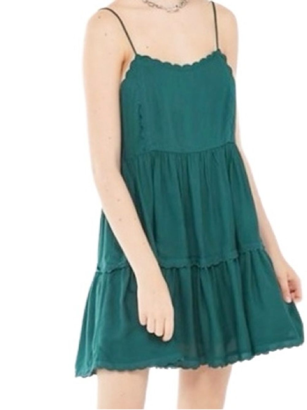 Urban Outfitters Hanna Scallop Tiered Baby Doll Mini Dress in Dark Green Size S
